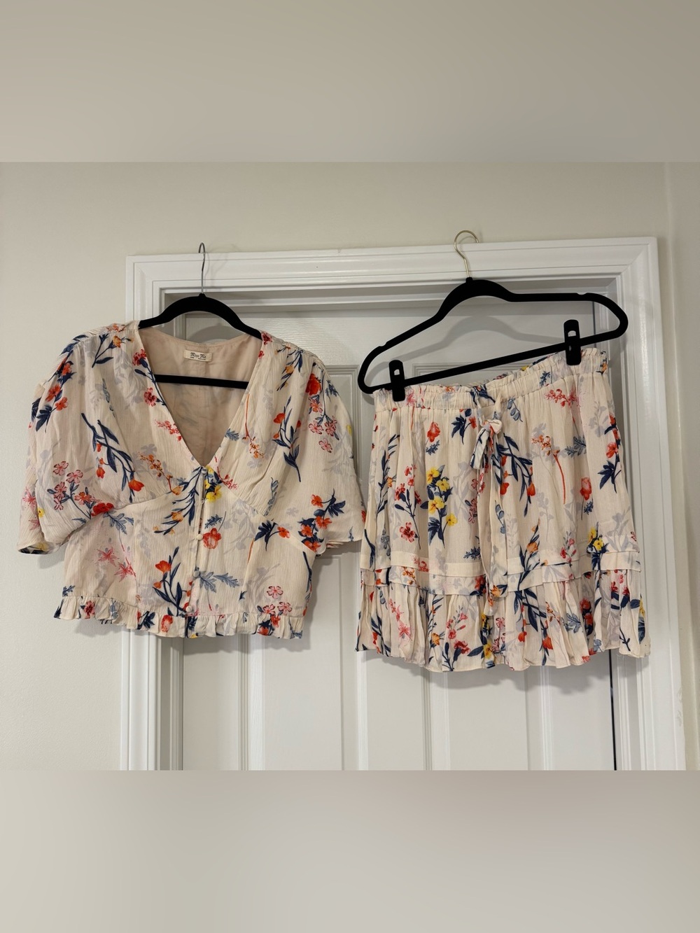 Miss Me Cream Floral V-Neck Top and Matching Ruffle Skirt